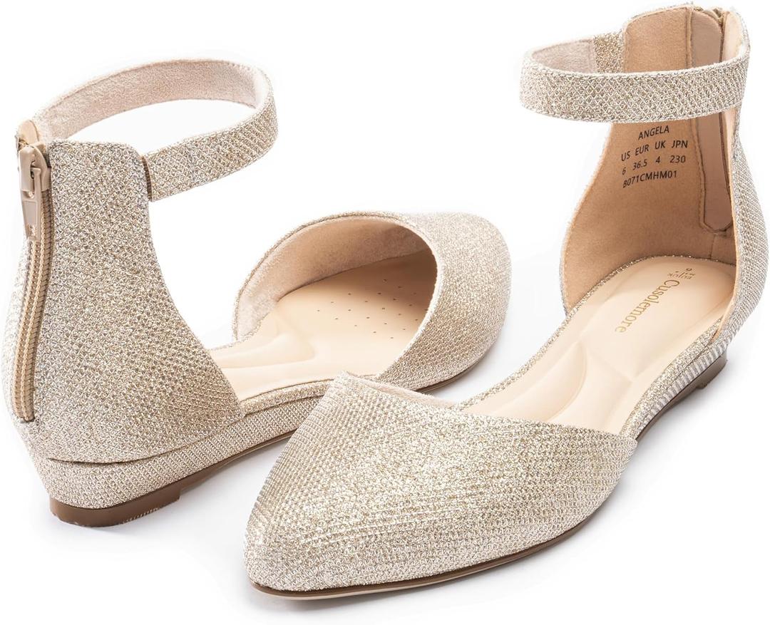 Women Flat Shoes with Ankle Strap, Low Wedge Heel Flats for Women, Comfortable Pointed Toe Dress Shoes for Work Business Wedding (8, Gold Glitter) Women Flat Shoes with Ankle Strap, Low Wedge Heel Flats for Women, Comfortable Pointed Toe Dress Shoes for Work Business Wedding (8, Gold Glitter)