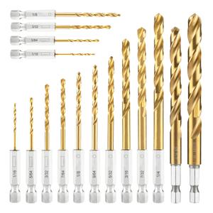 amoolo Hex Shank Drill Bit Set, 16pcs Titanium HSS Twist Impact Drill Bit Set for Metal, Steel, Wood, Plastic, Quick Change Design (1/16-3/8)