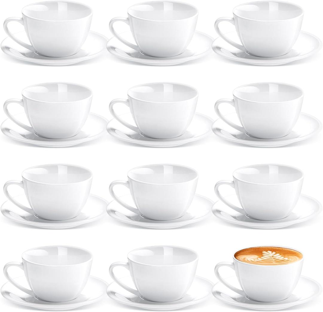 Maxdot 12 Set 5.5 OZ Porcelain Espresso Cups with Saucers White Ceramic Coffee Cups and Saucers Cappuccino Mug Latte Cup for Cafe Mocha Barista Coffee Shop