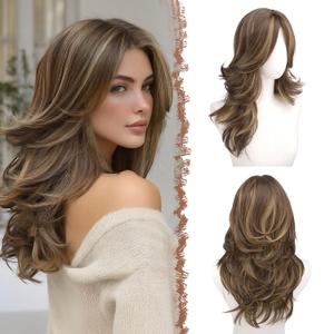 FESHFEN Brown Mixed Blonde Wavy Layered Wig with Curtain Bangs for Women, 20 Inch Long Synthetic Natural Looking Middle Part Hair Wig For Costume Party Daily Use