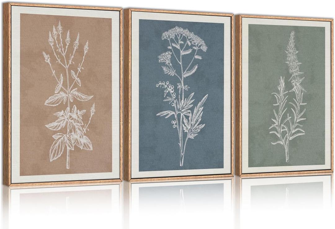 HLNIUC Neutral Botanical Framed Wall Art Set, Boho Minimalist Plant Canvas Wall Decor, Vintage Leaf Wall Painting, Nature Floral Silhouette Art Print for Bedroom, Living Room, Study - 16x24x3 (16L" x 24W")