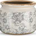Ninehaoou 7.7" Large Vintage Ceramic Plant Pot with Baroque Floral Pattern Beige Gray Rustic Planter with Ice Crackle Glaze & Drainage Hole for Indoor Outdoor Plants Home Office Kitchen Decor Gift