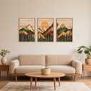 Celestdeco Large Woodcut Style Mountain Framed Canvas Wall Art Set, Woodsy Rustic Ridge Wall Decor, Boho Pine Tree Forest Wall Painting, Abstract Sunrise Wooden Art Print for Living Room, Bedroom, Office - 24"X36"X3(Not-3D Effect)