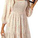 Dokotoo Summer Dresses for Women 2025 Boho Floral Square Neck Smocked 3/4 Sleeve Casual A-Line Swing Mini Dress Sundress (Medium, Beige)