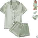 4Pcs Womens Satin Silky Pajama Sets Short Sleeve Shirt XS-4XL Floral Pajamas Set Soft PJ Loungewear Sleepwear, M