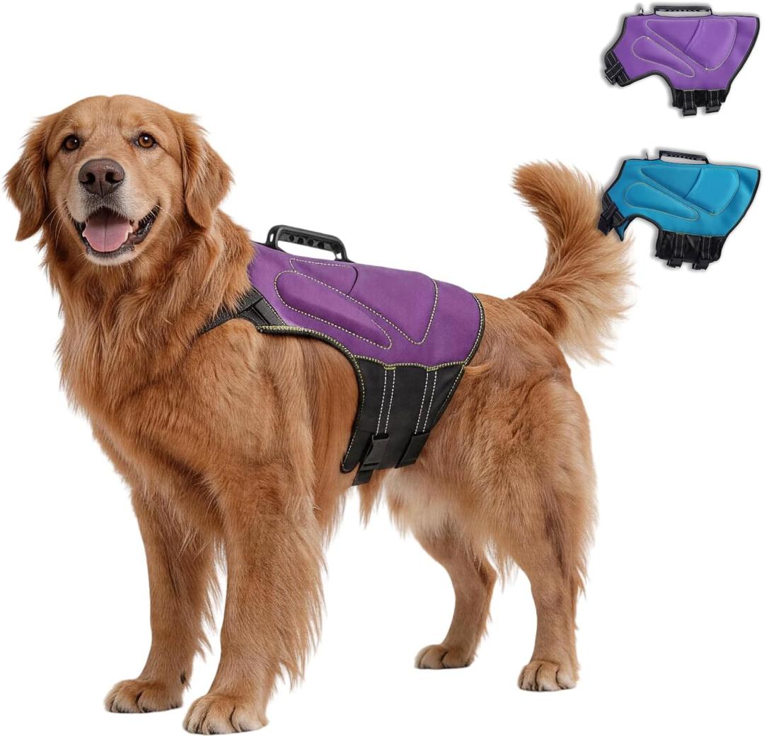 Slim Lightweight Dog Life Jacket, Neoprene Compact Dog Life Vest with High Buoyancy, Lift Handle & Double Safety Buckles, Waterproof Ergonomic Fit for Pool Boating Water Activities, Purple, Large