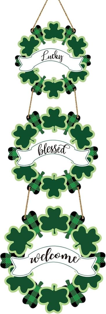 St Patricks Day Decorations St Patricks Day Wreath Wooden Shamrock Wreath Lucky Blessed Welcome Sign for Front Door St Patricks Day Door Decorations for Wall Door Indoor Home Decor