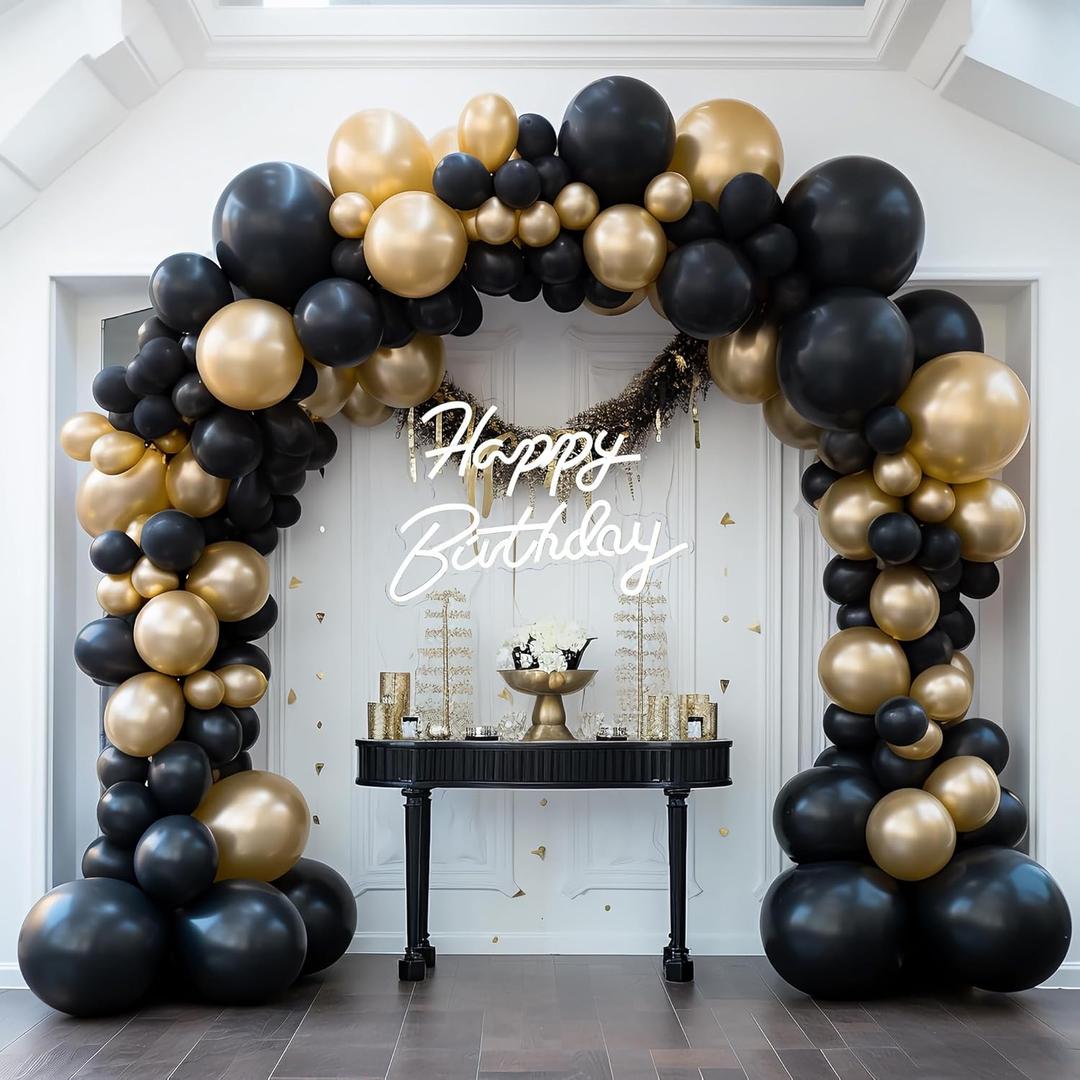 155pcs Black Gold Balloon Garland Arch Kit, Black and Gold Latex Balloons for Graduation Birthday Party Decorations