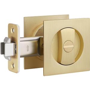 EHOMEWARE 1 Pack Pocket Door Hardware, Pocket Door Handles Gold, Keyless Privacy Door Lock, Pocket Door Lock for Interior Doors, Satin Brass Finish, Reversible for Left/Right Sided Doors