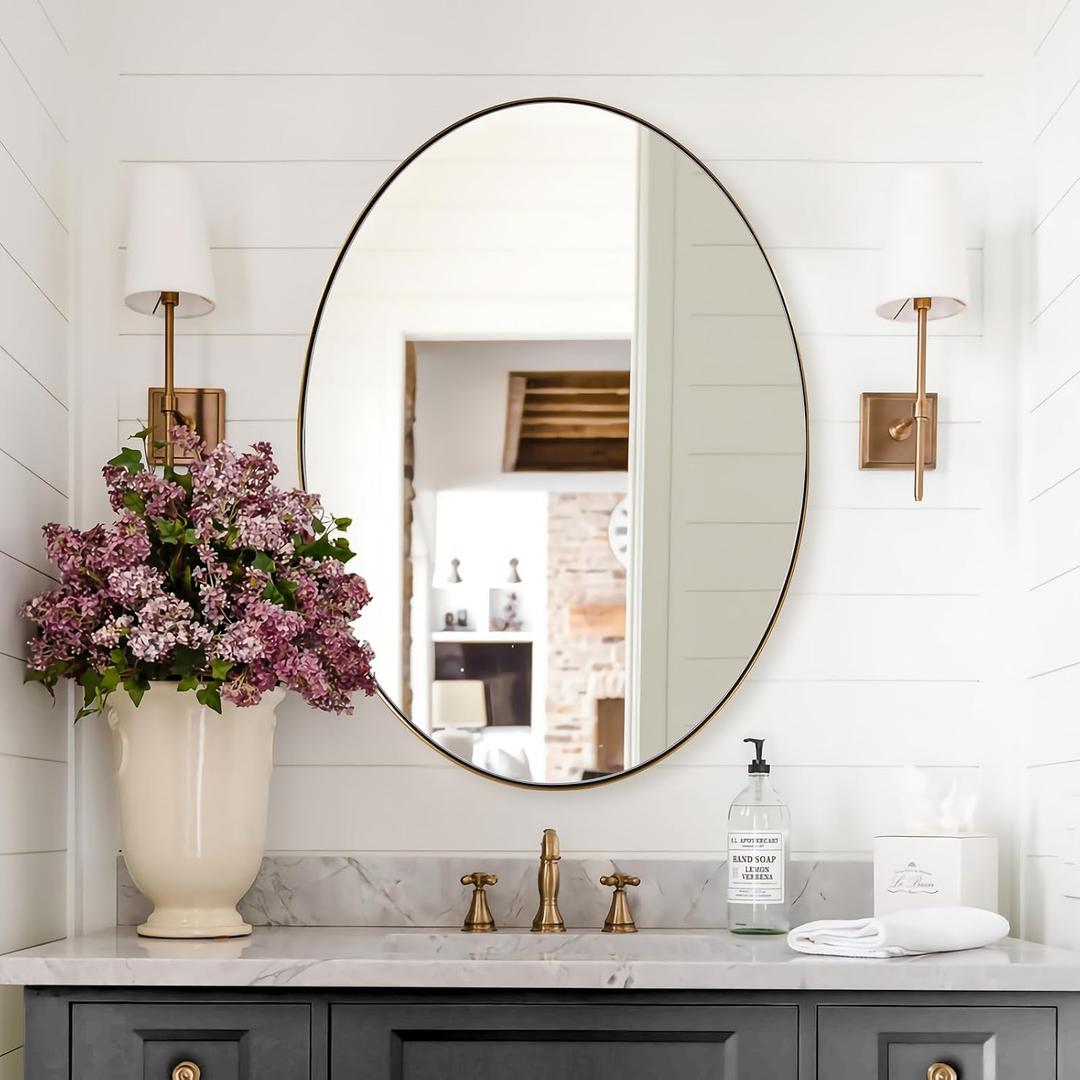 ANDY STAR Gold Oval Mirrors for Bathroom, 24x36 Inch Brushed Gold Stainless Steel Metal Framed Oval Wall Mirror, Modern Vanity Mirror Wall Mount Horizontal or Vertical