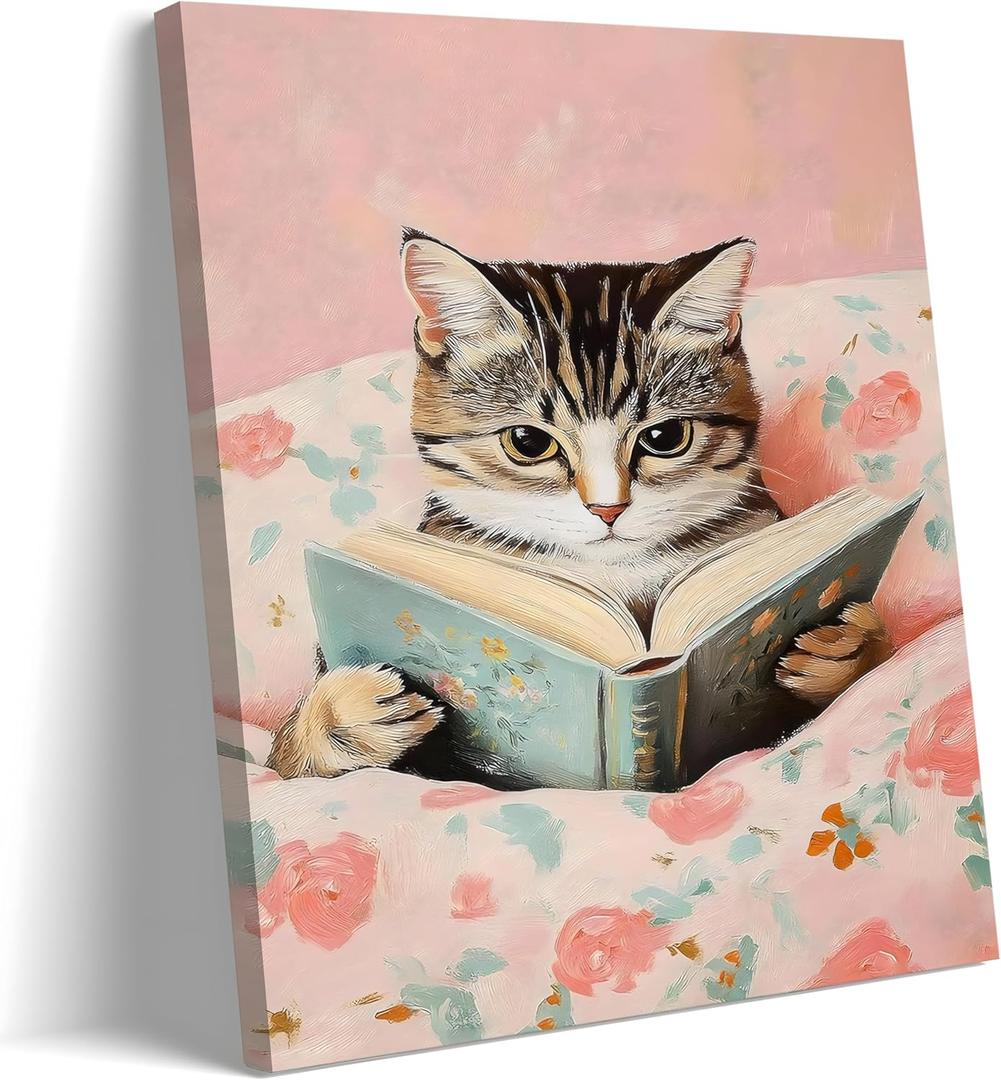 Framed Cats Canvas Wall Art, Funn Tabby Cat Reading Books Picture Wall Decor, Pink Vintage Animal Poster Prints for Girls Room Bedroom Kids Room Living Room Bathroom Decor 12x16 inch