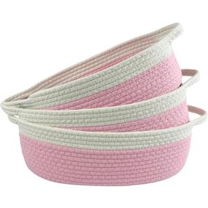 Woven Cotton Rope Storage Baskets with Handles,3-Pack Multi-Use Organizer for Shelves, Wardrobe, Living Room, Bedroom,Toy Storage Empty Gift Basket,Pink Basket