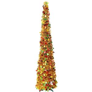 5ft Gold Pre Lit Collapsible Pop Up Christmas Tree,Glittery Golden Tinsel Artificial Pencil Xmas Trees with Red & Green Sequins and Colorful LED Lights for Indoor and Outdoor Decoration