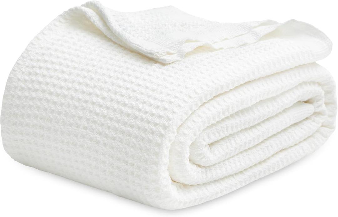 Bedsure 100% Cotton Blanket King Size for Bed - Breathable and Soft, Waffle Weave Blanket for Summer Spring, White, 104x90 inches