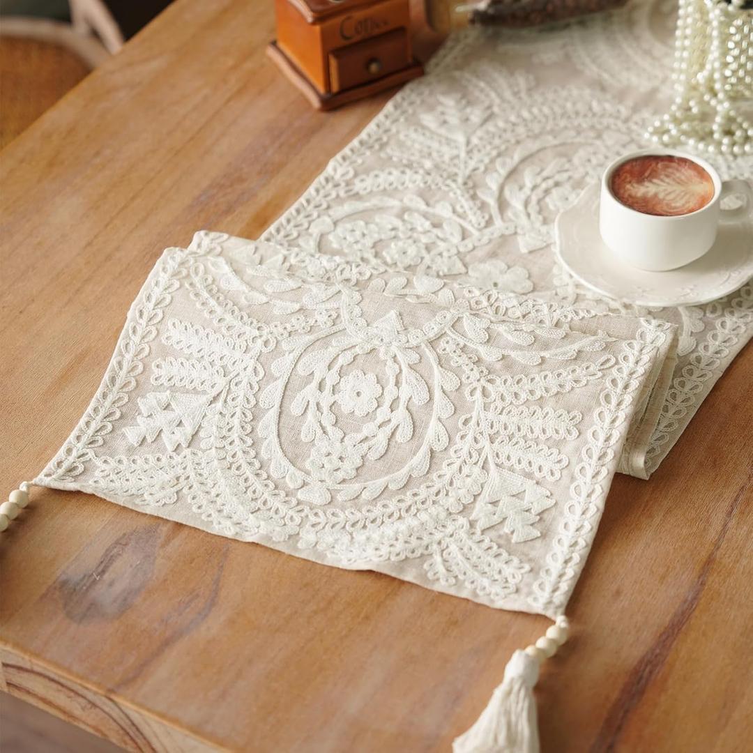 Embroidered Table Runner Boho Farmhouse Dresser Scarf Macrame Rustic Lace Doily with Tassel for Kitchen Indoor Outdoor Fireplace (Beige, 14 x 56 Inches)
