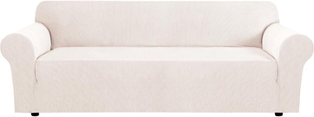 H.VERSAILTEX Stretch Couch Covers for Sofa 1 Piece Slipcovers for Couches and Sofas 3 Seater Couch Cover Feature Thick Checked Jacquard Fabric with Elastic Bottom(Large Sofa 90"-100" Wide, Ivory)