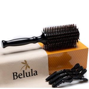 Belula Boar Bristle Round Brush for Blow Drying Set. Round Hair Brush With Large 2.7 Wooden Barrel. Hairbrush Ideal to Add Volume and Body. Free 3 x Hair Clips & Travel Bag.