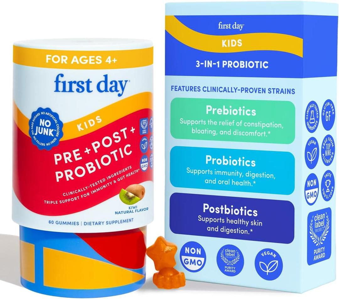  FIRST DAY Kids 3-in-1 Probiotic Gummies Prebiotic + Probiotic + Postbiotic Supplement Supports Digestive & Oral Health, Immune Function & Energy Levels 30-Day Supply (60 Count (Pack of 1)) Best By 12/1/2025
