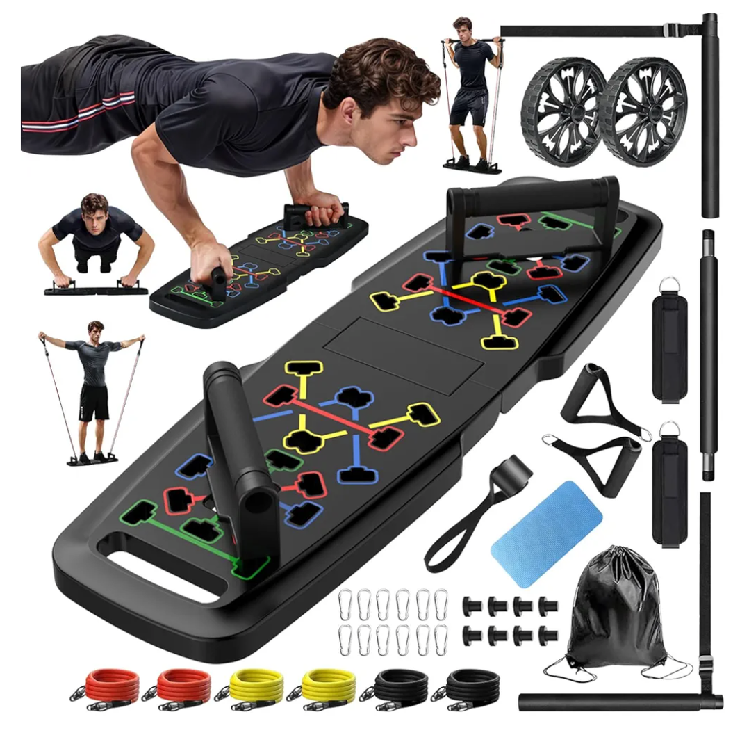Push Up Board,Home Gym,Portable Exercise Equipment,Pilates Bar and 20 Fitness Accessories with Resistance Bands and Ab Roller Wheel,Full Body Workout at Home