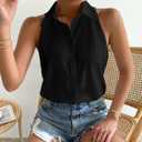 Milumia Women Sleeveless Button Down Blouses Geo Print Collared Tank Tops Work Blouses (Black, XXL)