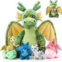 Arrowbash 7 Pcs Dragon Plush Toys Gift Set 15.75" Large Dragon Mom Stuffed Animal with 4 Cute Babies and 2 Eggs in Mommy's Belly for Kids Birthday Christmas Classroom Prizes(Green)