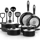 Vremi 15 Piece Nonstick Cookware Set - Durable Aluminum Pots and Pans with Cooking Utensils - Oven Safe Multi Quart Enameled Saucepans Dutch Ovens and Fry Pans with Glass Lid - Black