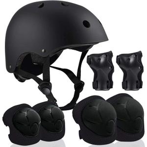 Adjustable Helmet for Ages 5-16 Kids Toddler Boys Girls Youth, Protective Gear with Elbow Knee Wrist Pads for Multi-Sports Skateboarding Bike Riding Scooter Inline skatings Longboard Roller Skate (Small: 48-54 cm, black set)