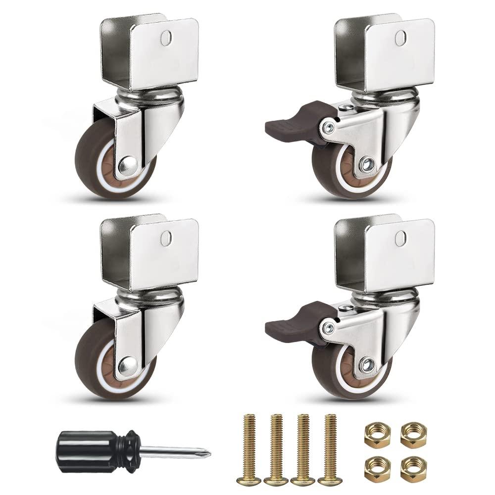 Heavy Duty Casters Set of 4 U Bracket Shaped Mute 1inch Caster Wheels,for Small Flower Pot Holder, Computer Host TrayQuiet and Protects Floors,Plywood Width 17mm
