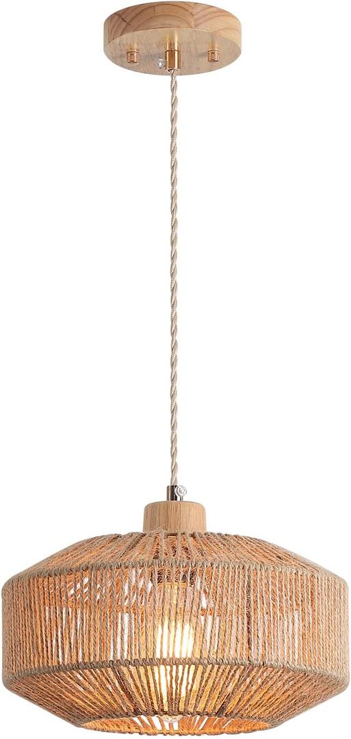 Coastal Woven Pendant Light Fixture One-Light Adjustable Natural Hemp Rope Cage Pendant Lighting for Kitchen Island Sink Farmhouse Dining Room