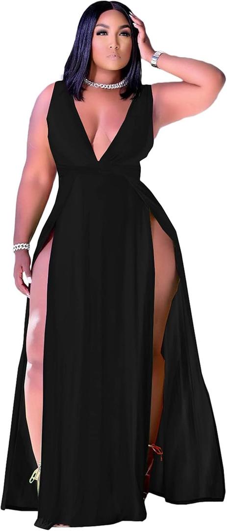 Ekaliy Women's Plus Size Sleeveless Deep V Neck Front Split Long Maxi Wrap Dress (XX-Large, Black)