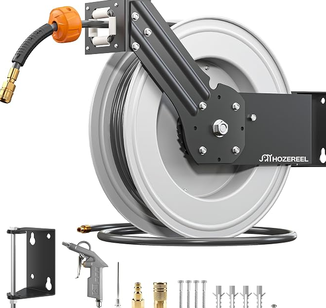 Steel Retractable Air Hose Reel,3/8" x 50 ft Hybrid Hose Max 300PSI,Heavy Duty Air Compressor Hose Reel with Auto Rewind/Quick Air Coupler/Durable Double Side Frame for Garage, Workshop.