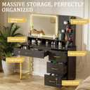 COMHOMA Vanity Desk with Mirror and Lights, Makeup Vanity Table with 4 Drawers & Storage Shelves, Large HD Mirror, 3 Color Modes & Adjustable Brightness, Modern Dressing Table for Bedroom, Black