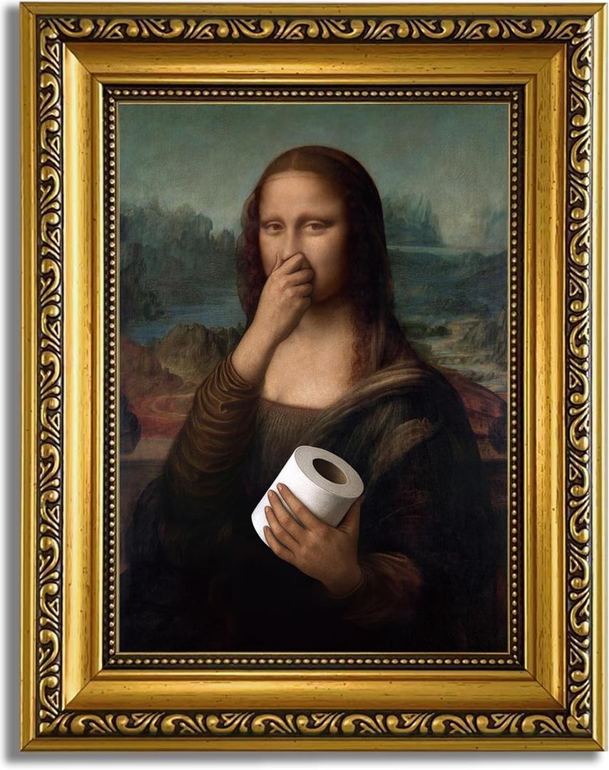YD&YZY Gold Framed Bathroom Wall Art Mona Lisa Humor Amusing Toilet Art Pinching Nose Wall Decor Funny Vintage Painting Picture Print Whimsical Bathroom Restroom 8x10 inch Small Framed