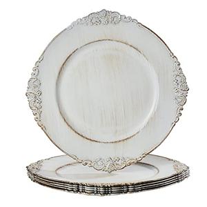 MAONAME Antique White Charger Plates, Round Antique Plate Chargers for Dinner Plate, 13" Plastic Charger for Plates, Wedding Table Setting, Set of 6
