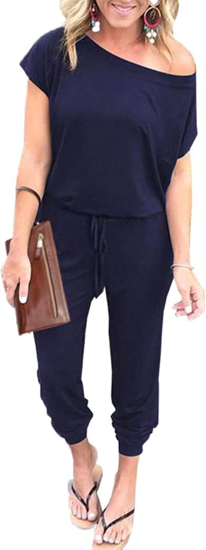 PRETTYGARDEN Jumpsuits for Women 2026 Summer Dressy Off Shoulder Romper Spring Vacation Travel Lounge Outfits Clothes (Blue, XXXL)