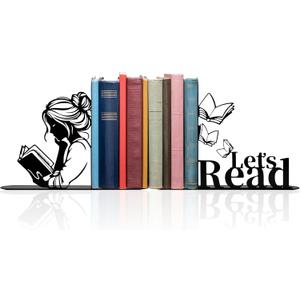 Metal Girl Reading Book BookendsLets Read Bookends for Shelves Bookshelf Decorative Objects Home Office Desk Bookshelf Decor Nice Gift for Women (Black)