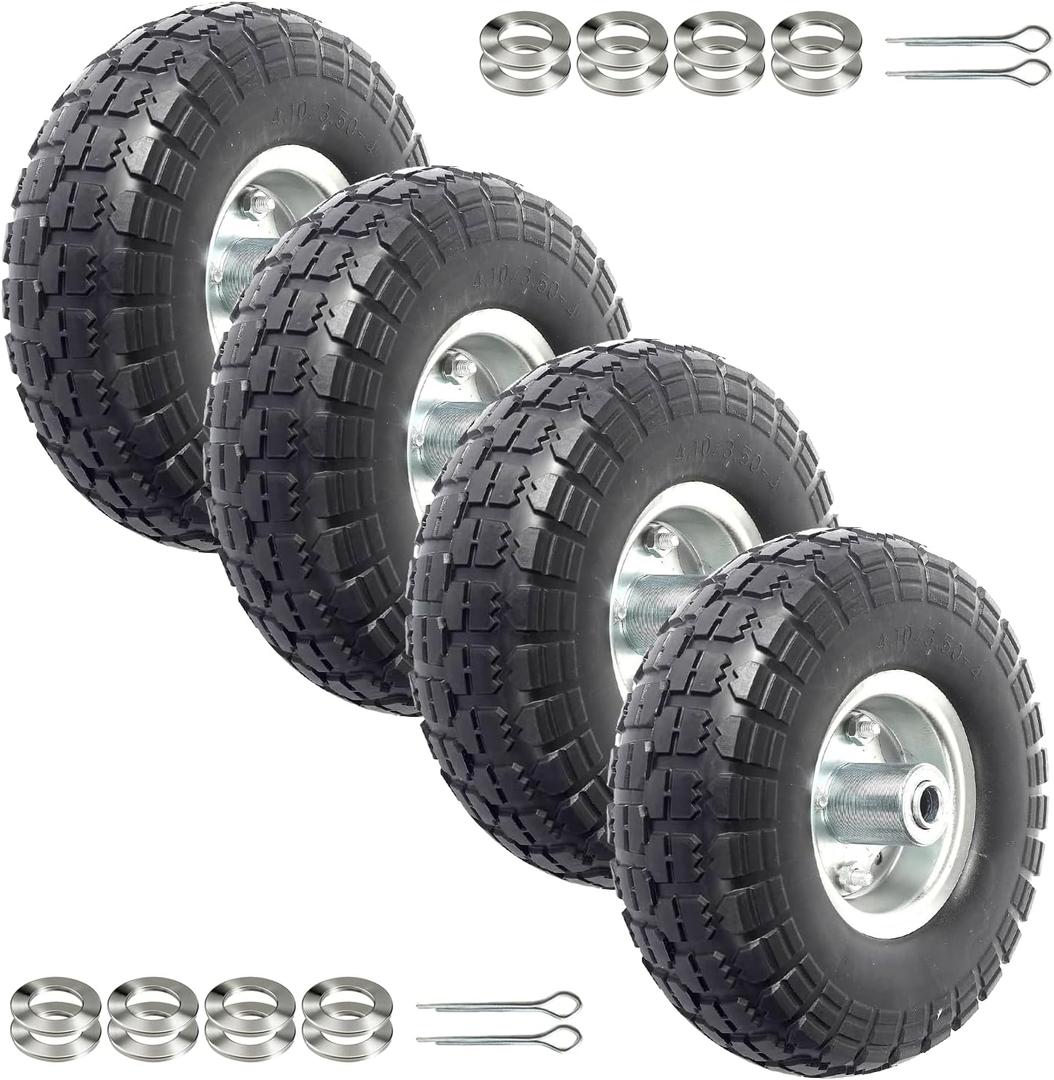 AR-PRO (4-Pack) 10-Inch Solid Rubber Tire Wheels - Replacement 4.10/3.50-4" Flat Free Tire with 5/8" Bearings, 2.2" Offset Hub - Perfect for Lawn Garden Cart, Hand Truck, Wheelbarrow, Utility Cart (Silver)