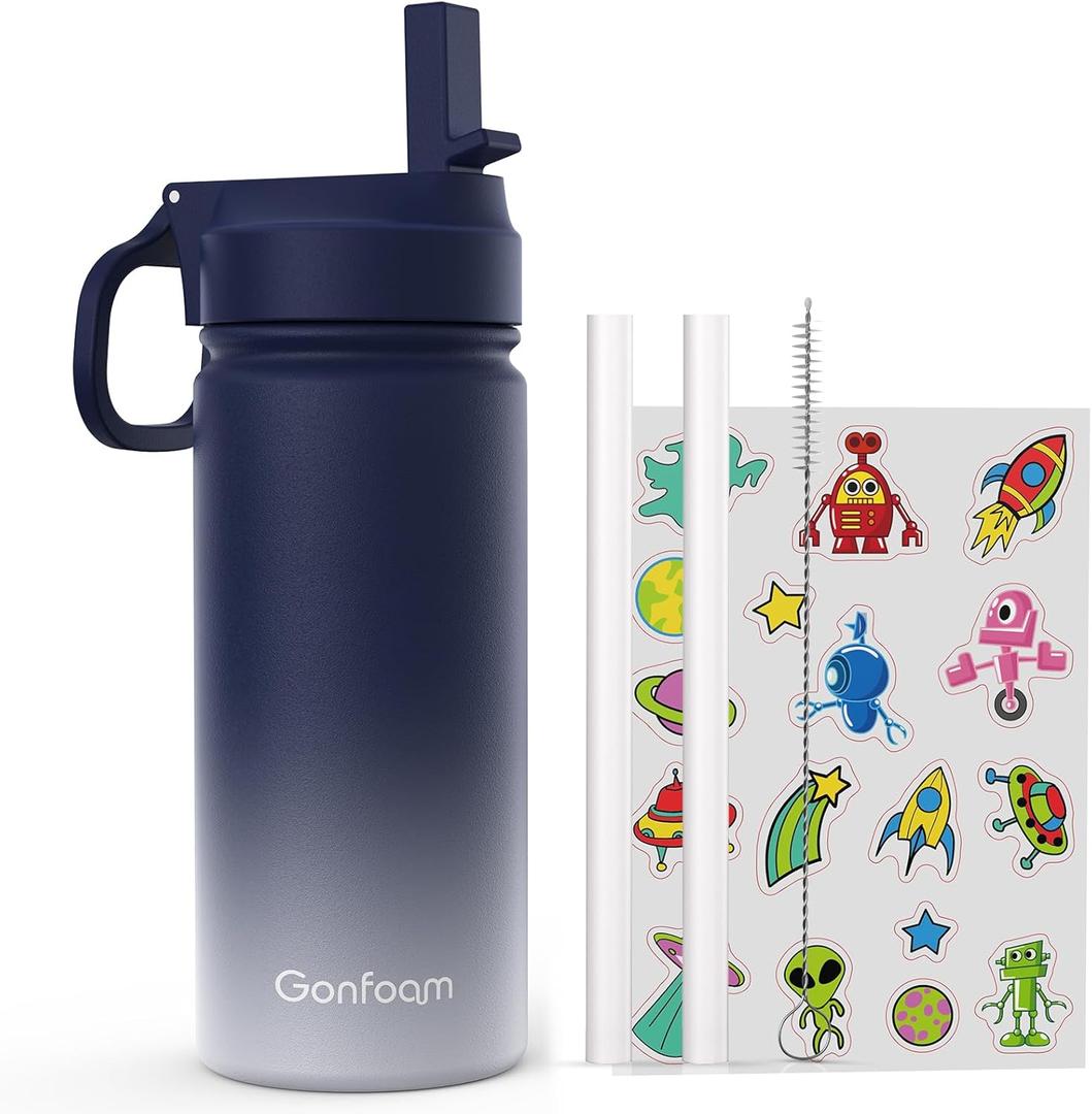 Kids Water Bottle, 16oz Kids Water Bottle with Stickers for School, insulated Stainless Steel Straw Cup(Blue/Gray)