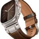 Leather Band Compatible with Apple Watch Ultra 3/2/1 Band 49mm 46mm 45mm 44mm 42mm, Leather Rugged Metal Connector Strap for iWatch Ultra Series 11/10/9/8/7/SE/6/5/4/3/2/1, Dark Brown/Titanium