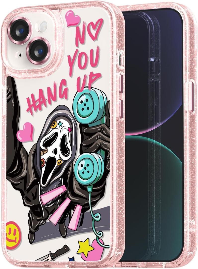Compatible for iPhone 15 Case Cute Aesthetic - Glitter Pink Phone Case with Camera Protector - Girly Scream Skeleton Skull Pattern Print Cover with Wrist Strap Design for Woman Girl 6.1"
