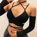 SHENHE Women's Criss Cross Strappy Wrap Crop Top Long Sleeve Halter Sexy Going Out Tshirt (Black, L)