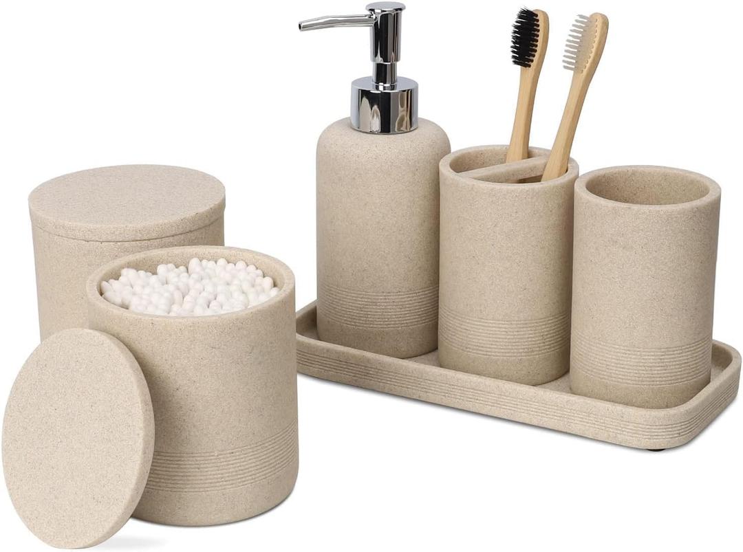 ZCCZ Beige Bathroom Accessories Set 6 Pieces - Toothbrush Holder, Lotion Dispenser, Qtip Container, Vanity Tray, Tumbler - Countertop Organizer for Bathrooms - Elegant and Functional Dcor Set