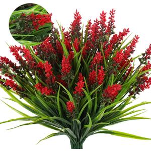 RECUTMS Fake Grass Plant,Fake Plants Outdoor, Artificial Grass, UV Resistant Fake Bushes Plastic Artificial Greenery Shrubs, Faux Greenery for House Garden Patio Front Porch Indoor Decor(Red)