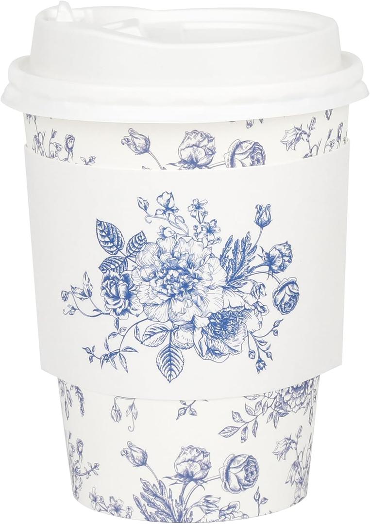 50Pcs Blue Floral Disposable Coffee Cups with Lids and Sleeves Blue White Chinoiserie Flower 12oz Hot Cold Paper Drinking Cup for Birthday Wedding Baby Shower Party Supplies