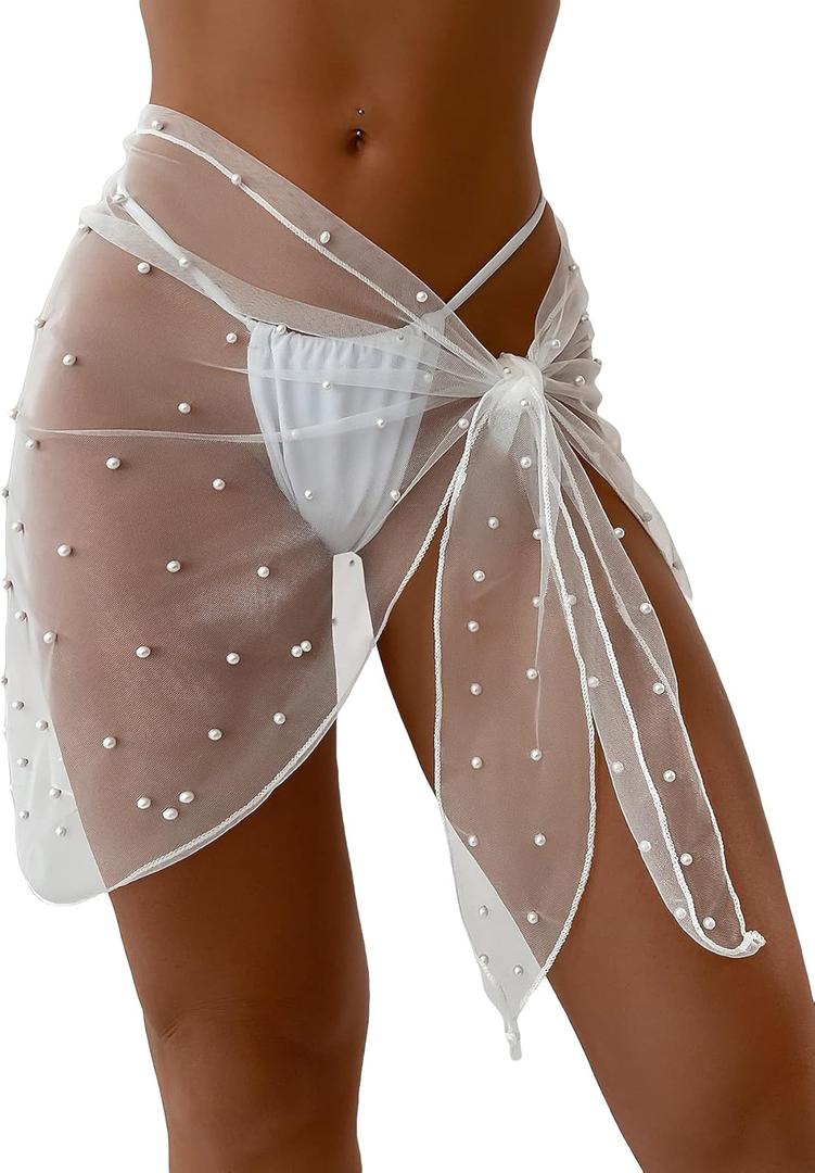 GORGLITTER Women's Faux Pearl Cover Up Sarong Sheer Mesh Bride Swimsuit Beach Bathing Suit Wrap Skirt (White)