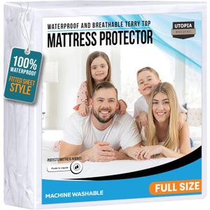 Full Size Mattress Protector Waterproof, Premium 200 GSM Terry Mattress Cover, Soft & Breathable Bed Cover, Fitted Sheet Style Stretchable Deep Pockets 15" by Utopia Bedding (White)