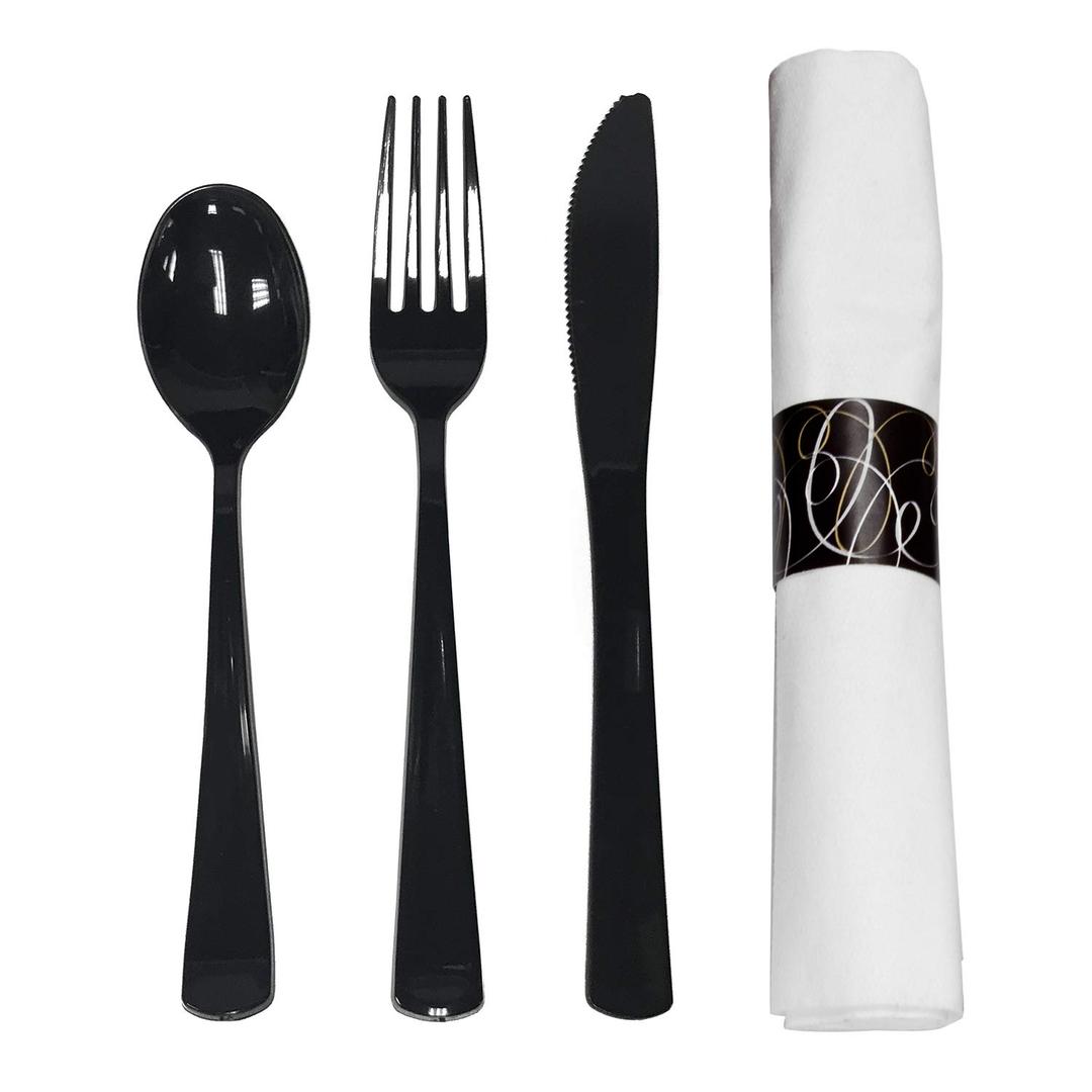 Party Essentials Pre-Rolled Disposable Extra Heavy Duty Plastic Cutlery Kit with Black Fork/Knife/Spoon and 3-Ply White Napkin (Case of 100 rolls)