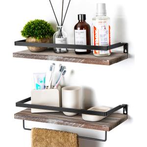 Floating Shelves for Wall, Bathroom Shelves with Towel Bar, Wall Mounted Storage Shelves for Kitchen, Bathroom, Set of 2 White Washed