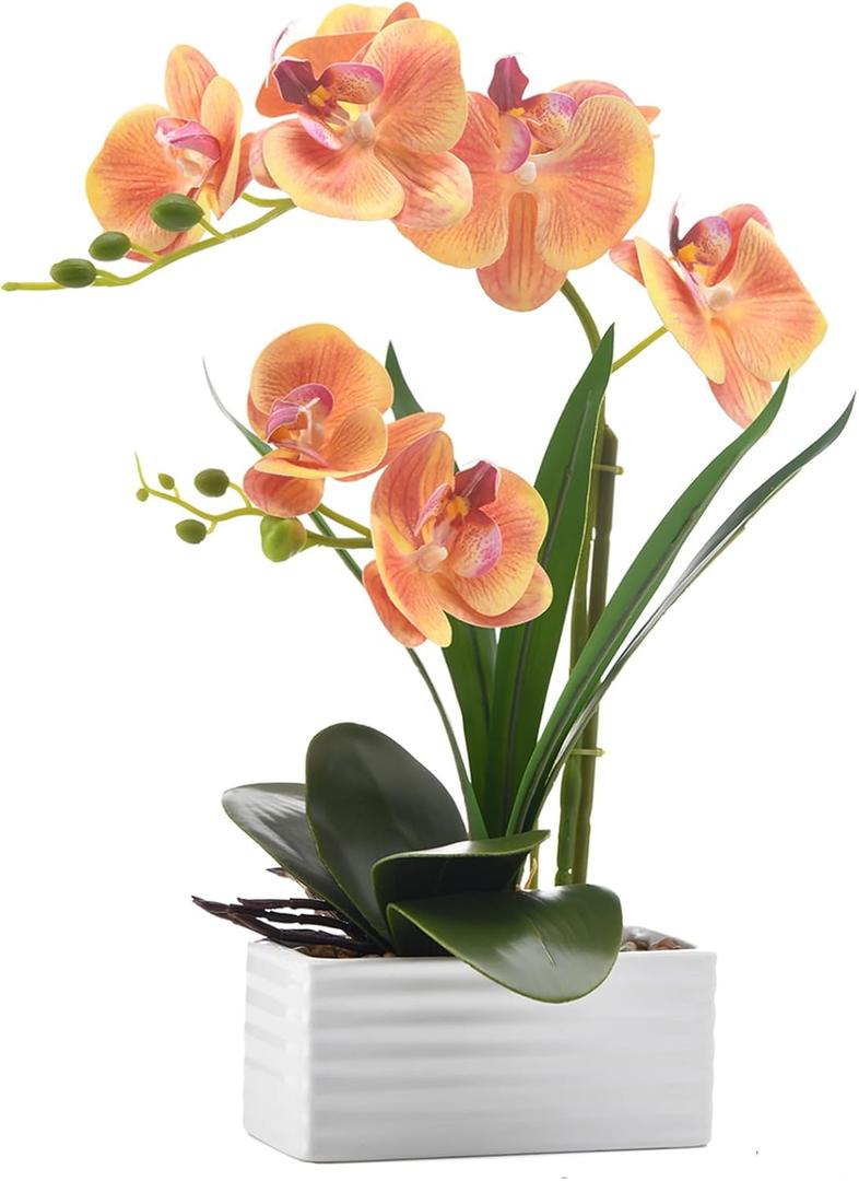 Artificial Real Touch Orchid Flowers in Pot Fake Phalaenopsis Flower with White Ceramic Vase Faux Orchids Arrangement for Home Table Office Wedding Party Decoration (Orange)