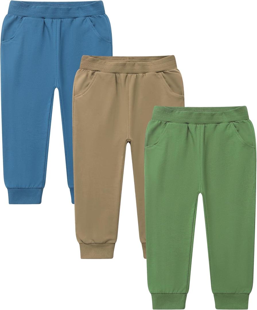 GFQLONG 2/3 Pack Toddler Pants Sweatpants Boys Cotton Joggers, Athletic Pull on Sweat Pants with Pockets for Kids Clothes (Z Green+light Blue+khaki) Size 2-3T